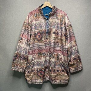 Vintage Reversible Ladies Jacket L Large Multicolor Boho Print & Solid Blue